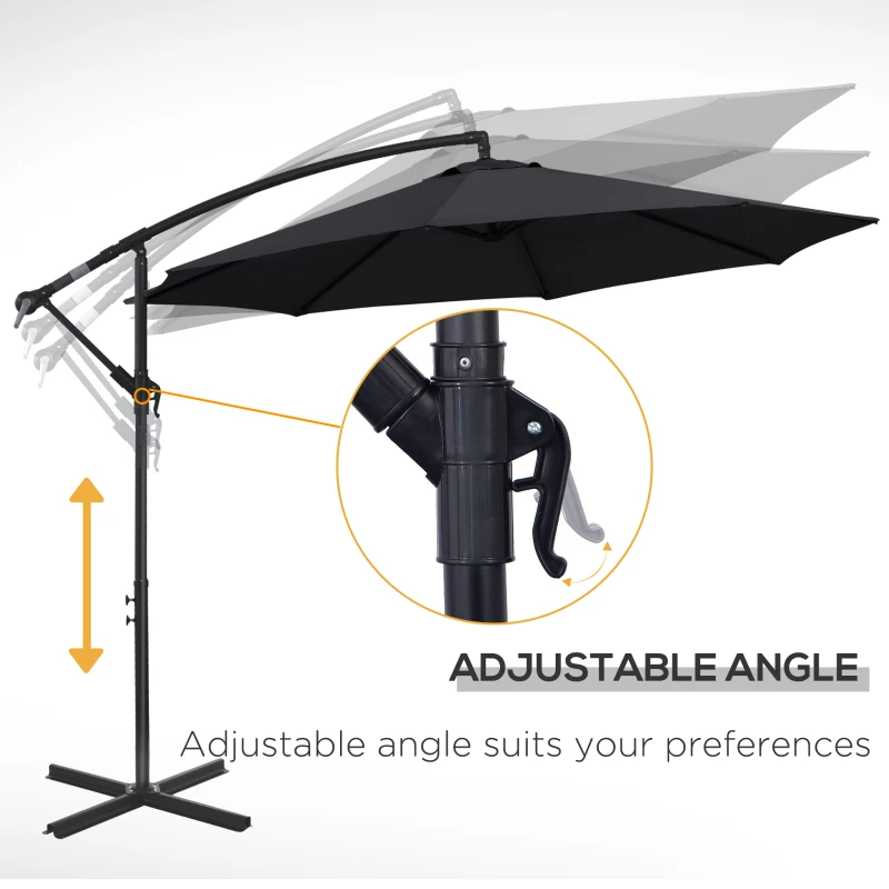 Outsunny 9.7ft Offset Patio UmbrellaCantilever Parasol with Crank Handle, 8 Ribs and Cross Base for Outdoor, Sun Shade, Black