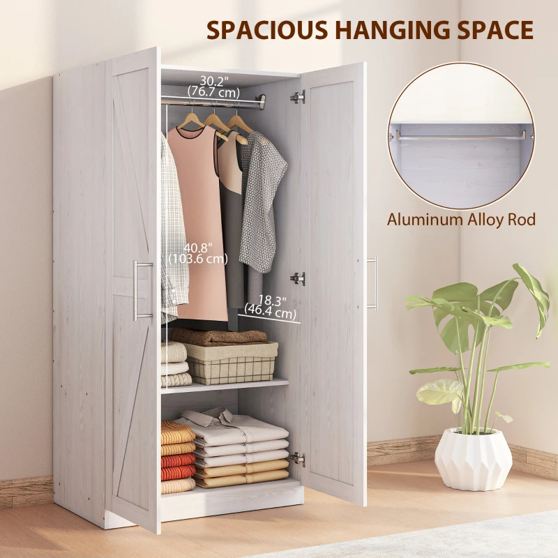 HOMCOM Wardrobe Cabinet with 2 Barn Doors and Hanging Rod, Farmhouse Armoire Wardrobe Closet for Bedroom, White Wood Effect