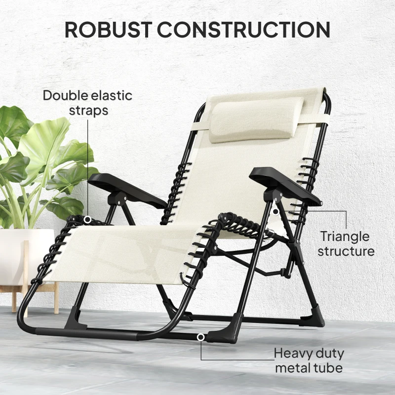 Outsunny Folding Zero Gravity Chair, 5-Position Adjustable Outdoor Lounge Chair Recliner with Headrest, Beige
