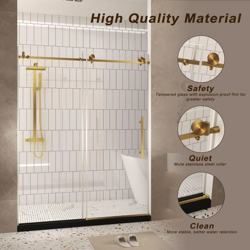 Frameless Shower Door with Anti-Shatter Safety Film and Bottom Water-Blocking Strip, Panel for Bathroom, 60" L x 0.5" W x 76" H, Brushed Gold