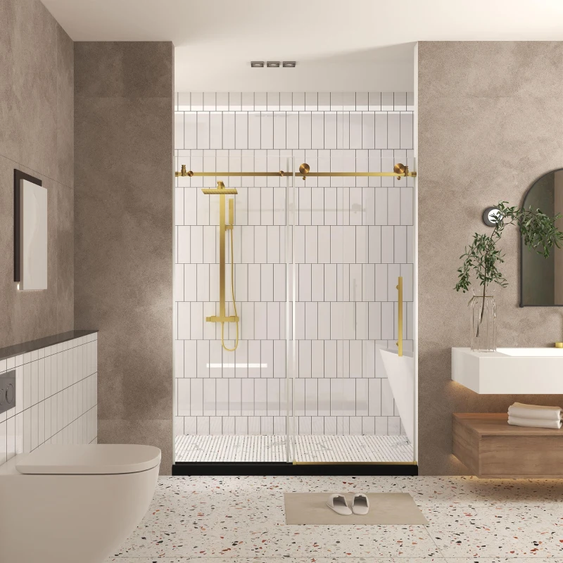 Frameless Shower Door with Anti-Shatter Safety Film and Bottom Water-Blocking Strip, Panel for Bathroom, 60" L x 0.5" W x 76" H, Brushed Gold
