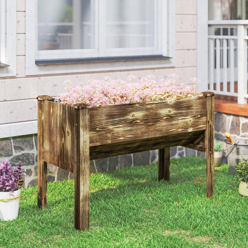 Outsunny Wooden Raised Garden Plant Stand Outdoor Tall Flower Bed Box with Hooks, 48" x 24" x 32", Carbonized