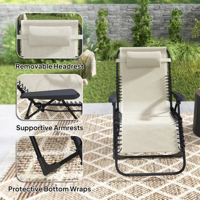 Outsunny Folding Zero Gravity Chair, 5-Position Adjustable Outdoor Lounge Chair Recliner with Headrest, Beige