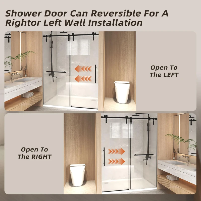 Sliding Shower Door with Waterproof Seals and Tempered Glass, Bathroom Door with Towel Bar Handle, 60" L x 0.5" W x 76" H, Matte Black