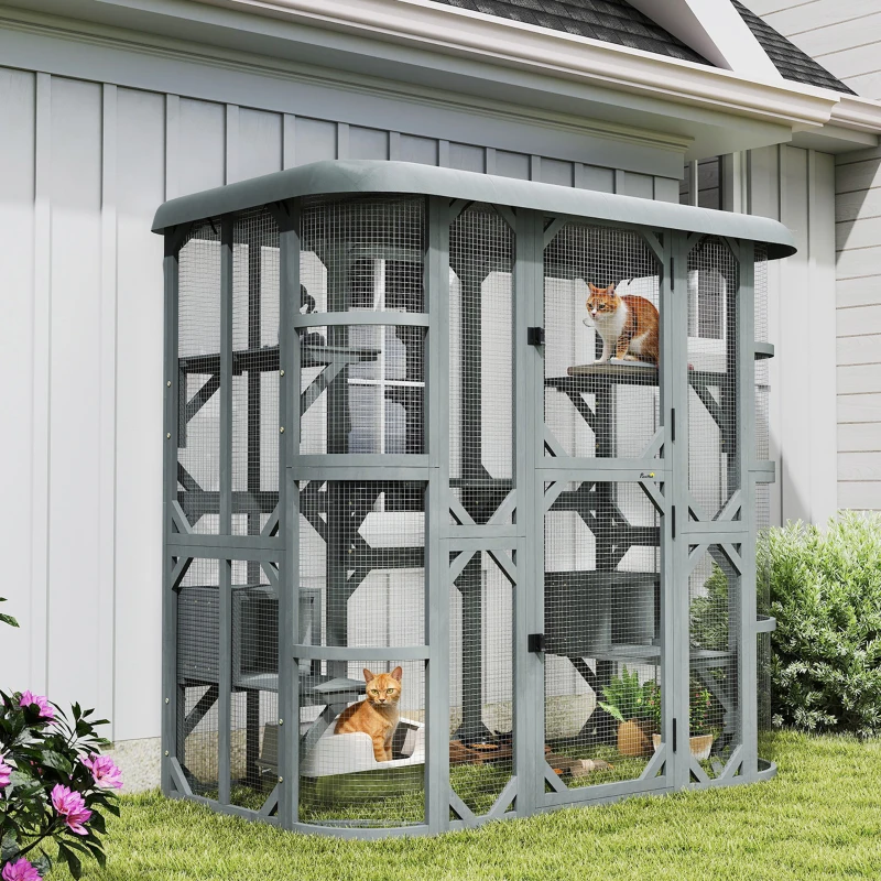 PawHut Catio Outdoor Cat Enclosure, 71" Wooden Cat House with Platforms, Condos and Waterproof Cover for 2–3 Kittens, Grey