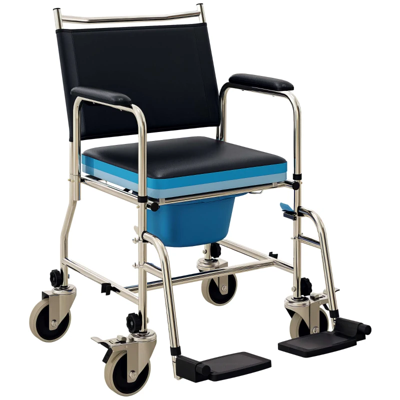 HOMCOM Rolling Shower Chair, Bedside Commode Wheelchair with Padded Seat, Backrest, for Seniors, Disabled, 300 lbs, Black