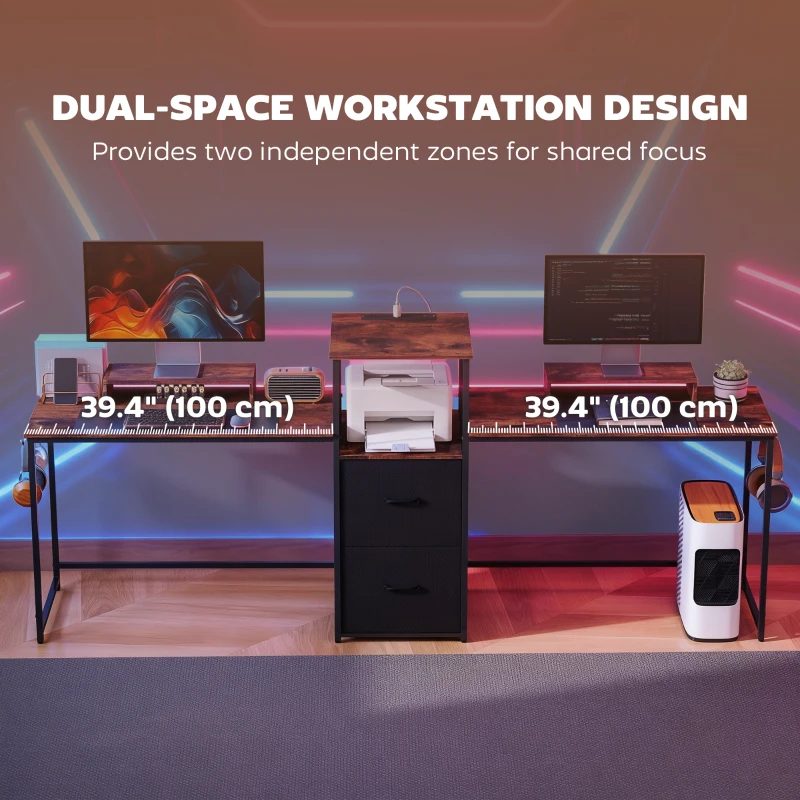 HOMCOM 96 Inch Gaming Desk, Dual Computer Desk for 2 Person with Power Outlets and Monitor Stands, Rustic Brown