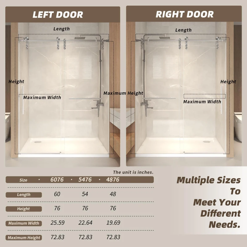 60" Sliding Shower Door with Waterproof Seals and Tempered Glass, Bathroom Door with Towel Bar Handle, 60" L x 0.5" W x 76" H, Brushed Nickel