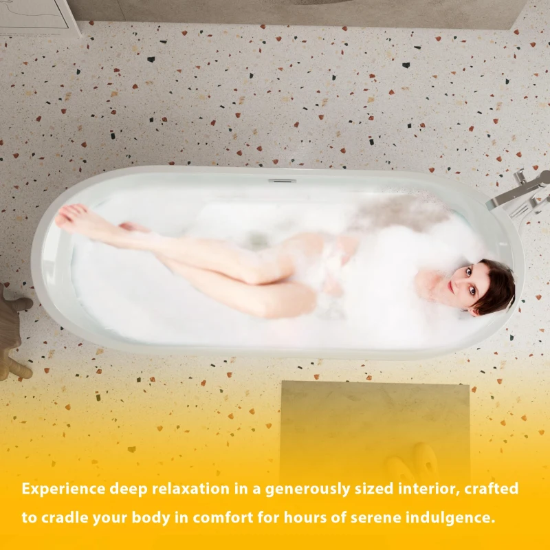 Freestanding Acrylic Bathtub with Spacious Oval Shape and Anti-Bacterial High-Gloss Finish, Tub for Bathroom, 67" L x 31.5" W x 23" H, Gloss White