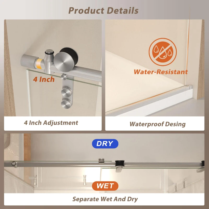 Sliding Shower Door with Waterproof Seals and Tempered Glass, Bathroom Door with Towel Bar Handle, 48" L x 0.5" W x 76" H, Brushed Nickel
