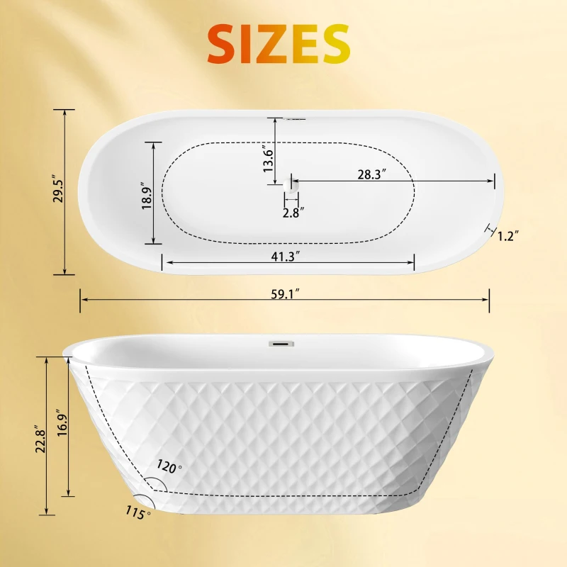 59" Acrylic Freestanding Bathtub with Unique Diamond-Pattern Exterior, Oval Soaking Tub for Bathroom, 59" L x 29.5" W x 23" H, Gloss White