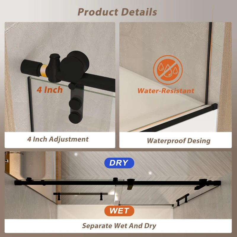 Sliding Bathtub Door with Waterproof Seals and Tempered Glass, Bathroom Door with Towel Bar Handle, 60" L x 0.5" W x 66" H, Matte Black