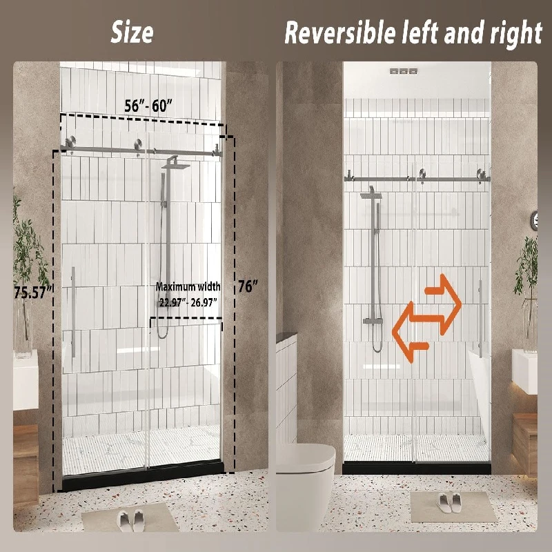 Frameless Shower Door with Anti-Shatter Safety Film and Bottom Water-Blocking Strip, Panel for Bathroom, 60" L x 0.5" W x 76" H, Brushed Nickel