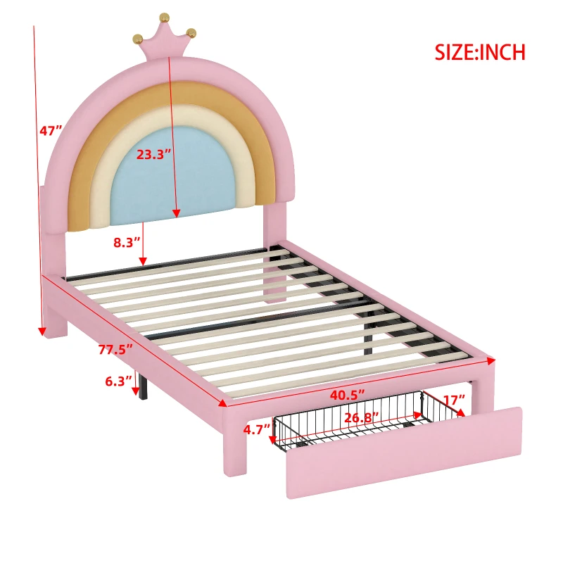 Twin Size Velvet Platform Bed with Storage Drawer, Upholstered Rainbow Design, Bed Frame for Children, 77.5" L x 40.5" W x 47" H, Pink