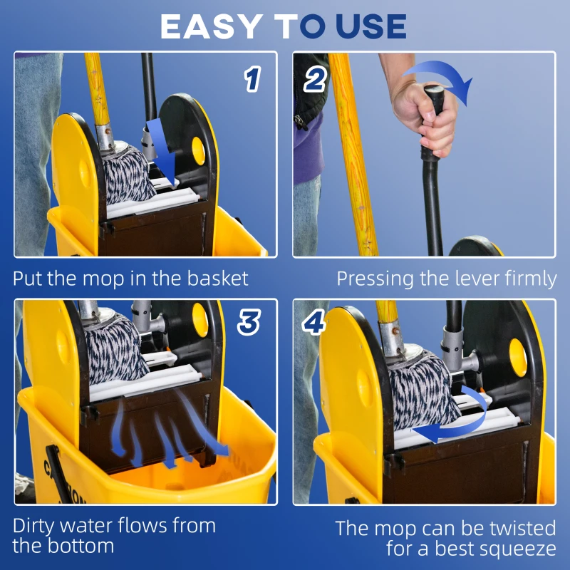 HOMCOM 6.9 Gal/26L Mop Bucket, Mop Bucket with Wringer, Wheels and Handle, Yellow