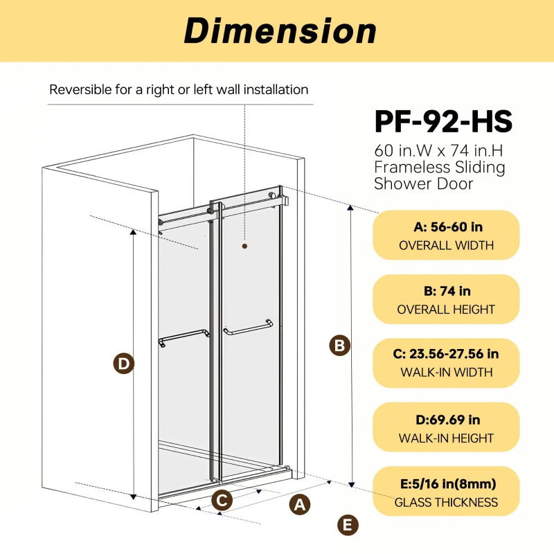 Frameless Double Sliding Shower Door with Silent Rollers, Bathroom Door with Square Tube Track, 60" L x 0.5" W x 74" H, Matte Black