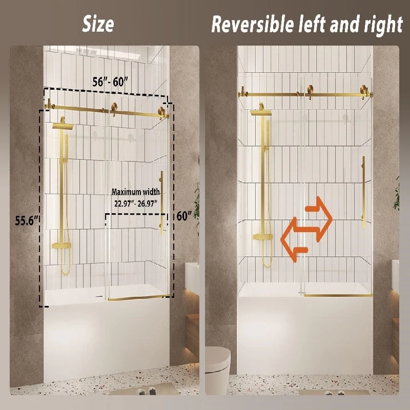Frameless Sliding Shower Door with Smooth Quiet Stainless Steel Rollers & Round Tracks, Panel for Bathroom, 60" L x 0.5" W x 60" H, Brushed Gold