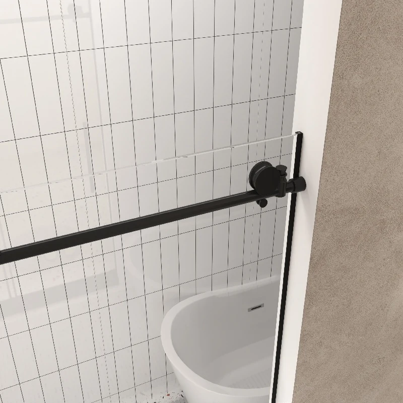 Frameless Sliding Shower Door with Explosion-Proof Film and Smooth Stainless Steel Rollers, Panel for Bathroom, 60" L x 0.5" W x 76" H, Matte Black