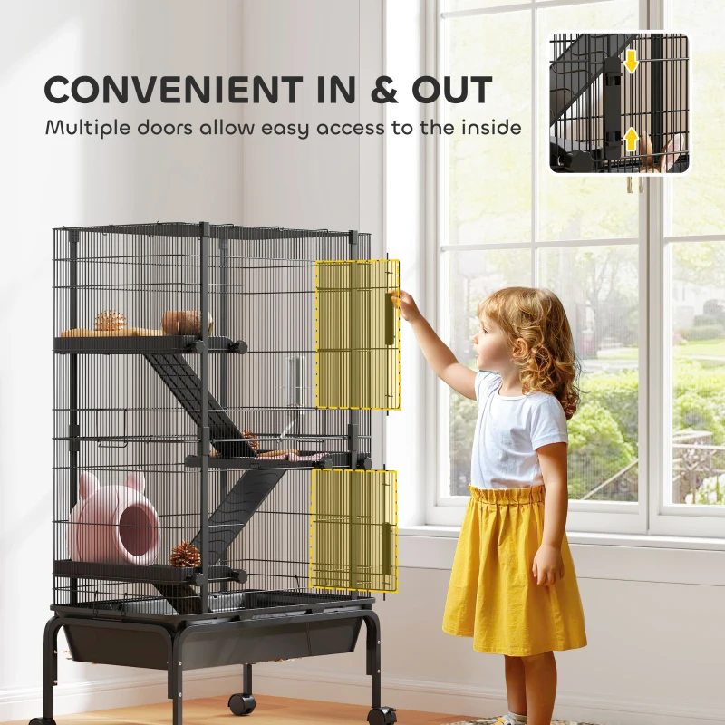 PawHut 47"H Ferret Cage, Large 4-Tier Guinea Pig Cage with Wheels, Ramps, Bowl, Water Bottle & Removable Tray, Black