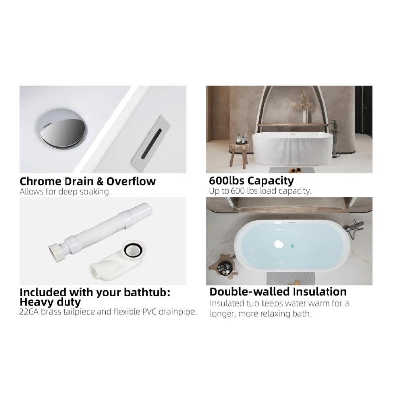 67" Freestanding Soaking Tub with Vertical Pleated Exterior, Bathtub with Chrome Pop-Up Toe-Tap Drain, 67" L x 31.5" W x 23" H, Gloss White