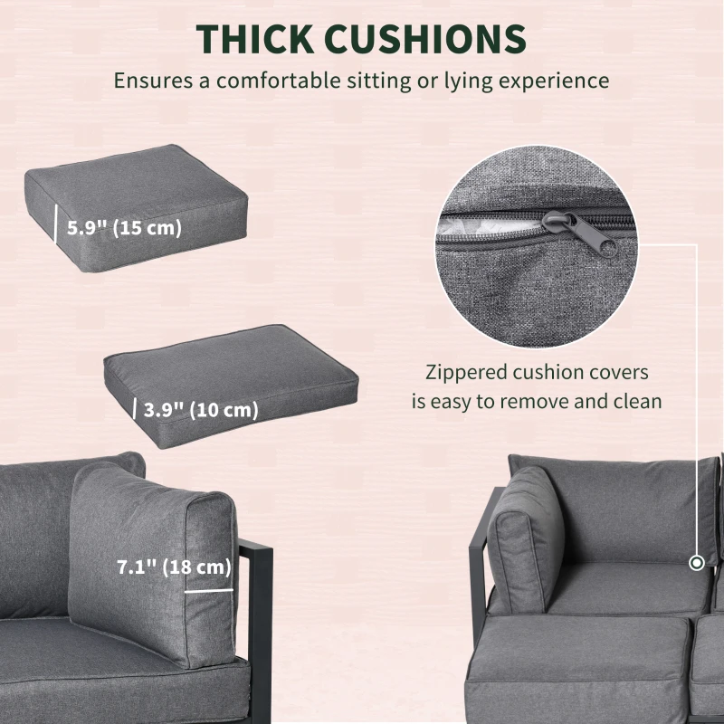 Outsunny 6 Pieces Patio Furniture Set, Space-Saving Sectional Outdoor Daybed with Aluminum Frame and Thickened Cushions, Grey