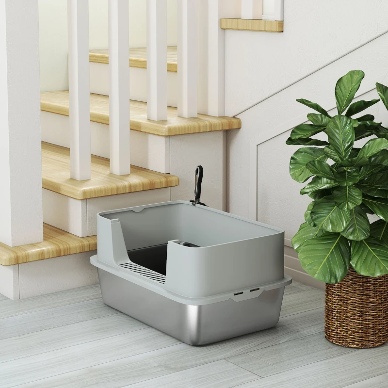 PawHut Stainless Steel Litter Box, XL High Sided Cat Litter Box with Scoop, Anti Leakage & Easy to Clean, 24" x 16" x 12", Grey