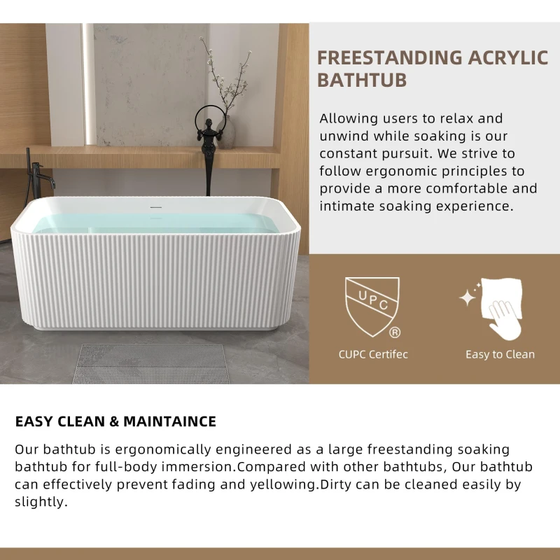 59" Rectangle Freestanding Acrylic Soaking Tub with High-Gloss Surface, Bathtub with Pop-Up Drain, 59" L x 29.5" W x 23" H, Gloss White