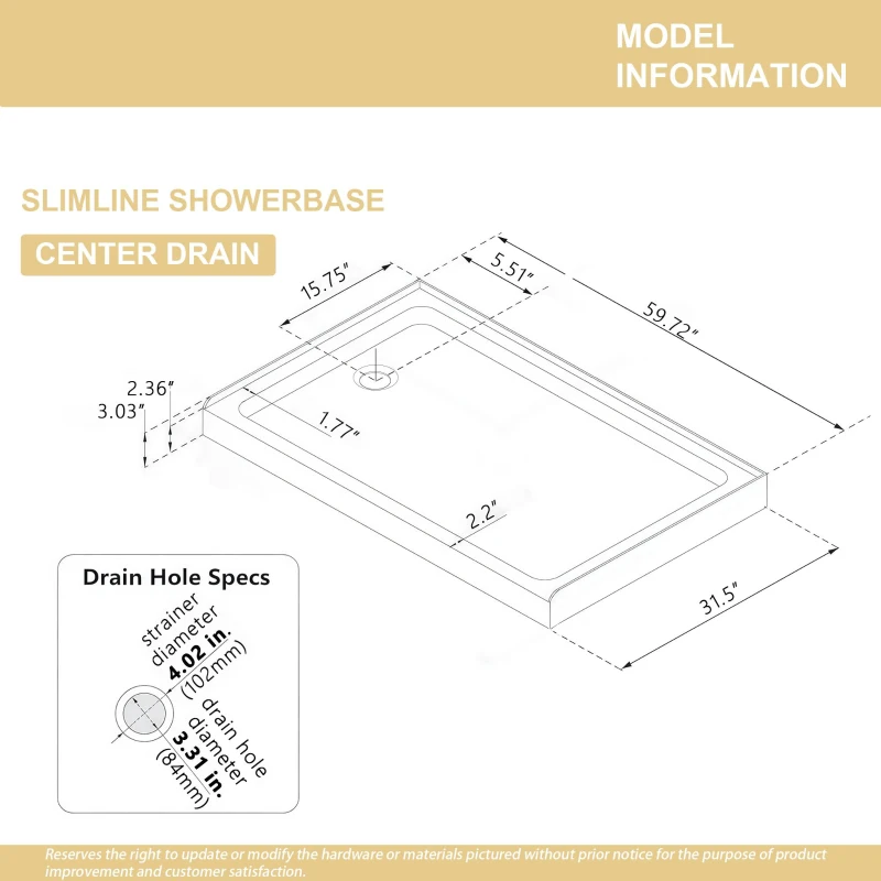 32" x 60" Acrylic Shower Base with Rigid No-Flex Construction, 3-Wall Alcove Shower Pan with Left Drain, 60" L x 32" W x 3" H, Gloss White