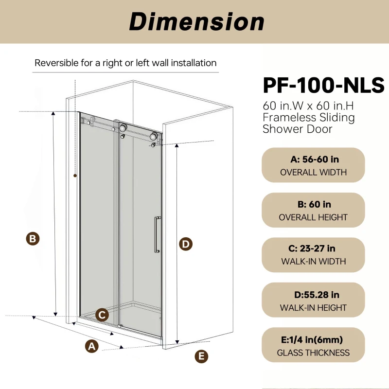 Frameless Shower Door with Anti-Shatter Safety Film and Bottom Water-Blocking Strip, Panel for Bathroom, 60" L x 0.5" W x 60" H, Brushed Nickel