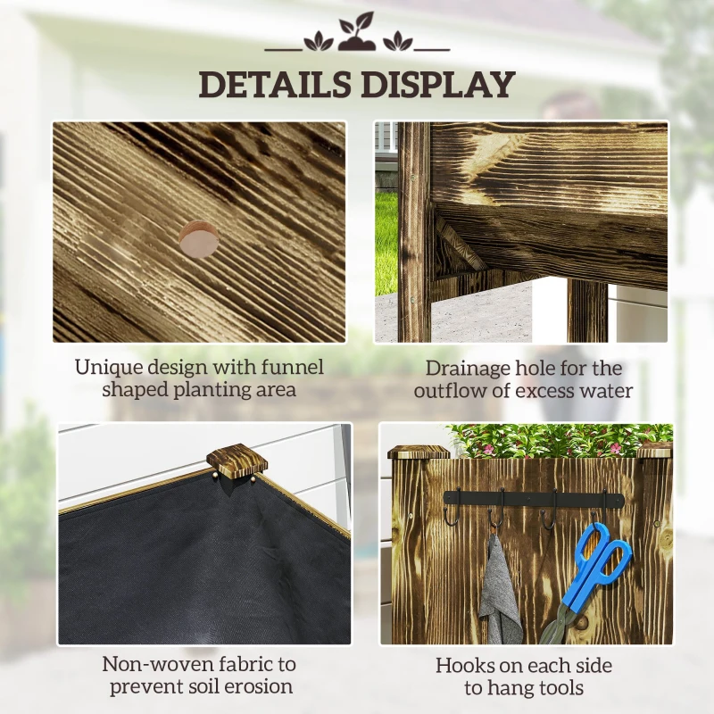 Outsunny Wooden Raised Garden Plant Stand Outdoor Tall Flower Bed Box with Hooks, 48" x 24" x 32", Carbonized