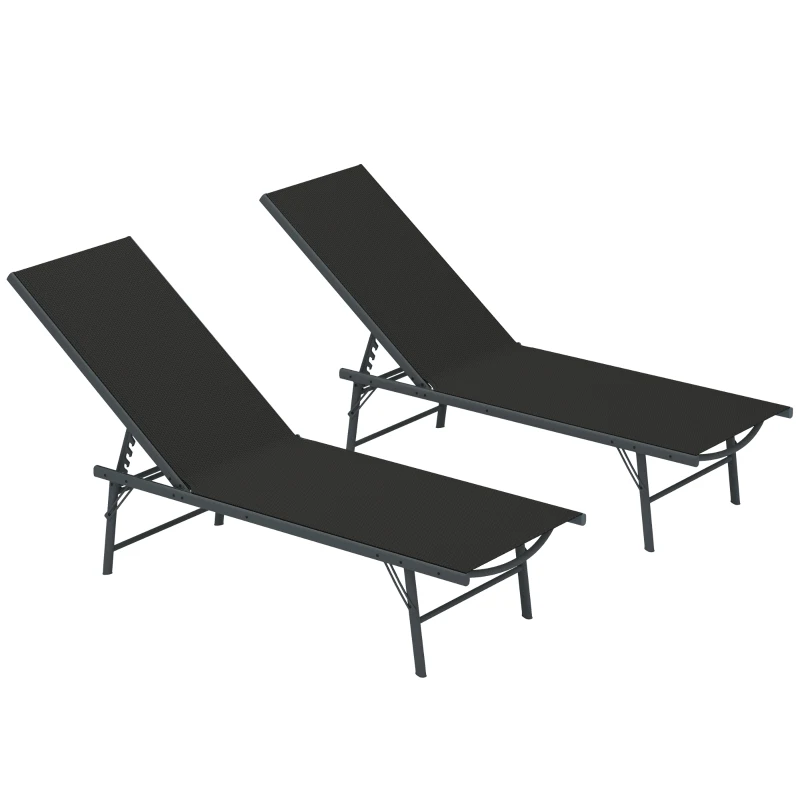 Outsunny 2 Pieces Folding Outdoor Lounge Chairs, Reclining Chaise Lounge Tanning Chair w/ Adjustable Back, Mesh Seat, Black