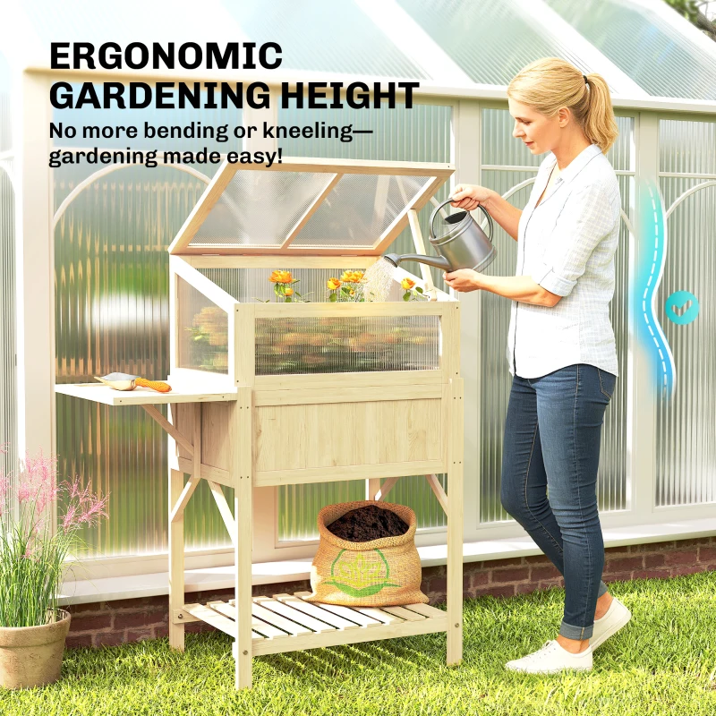 Outsunny Raised Garden Bed Planter with Cold Frame, Wooden Elevated Planter Box with Folding Side Table and Shelf, Natural Wood