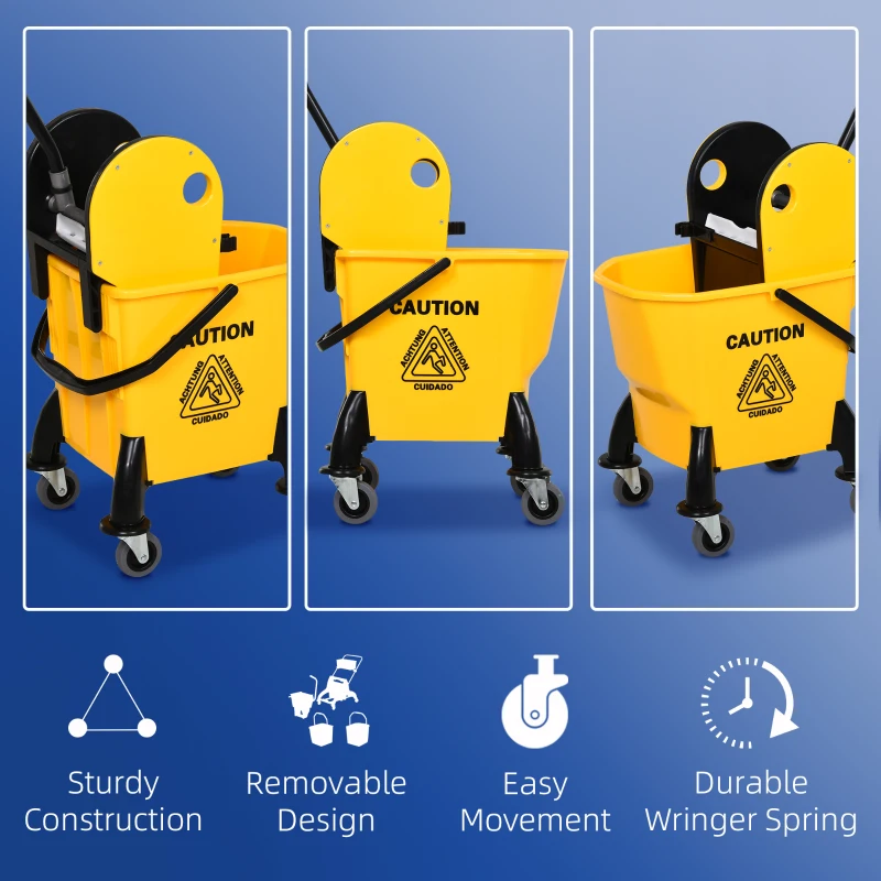 HOMCOM 6.9 Gal/26L Mop Bucket, Mop Bucket with Wringer, Wheels and Handle, Yellow