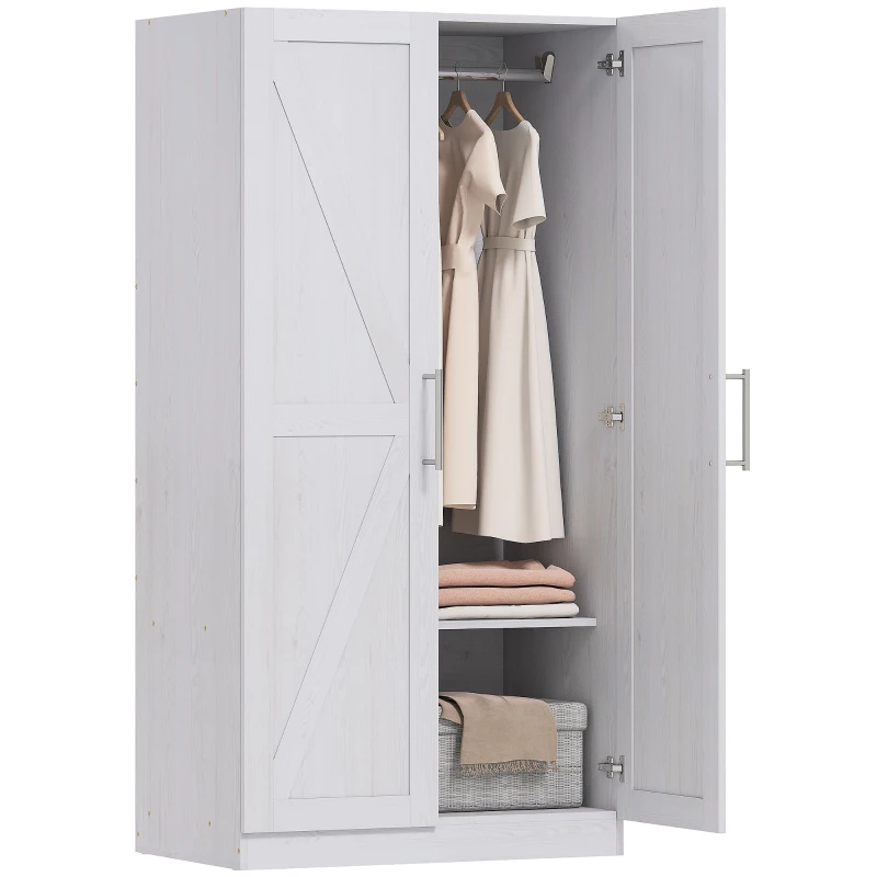 HOMCOM Wardrobe Cabinet with 2 Barn Doors and Hanging Rod, Farmhouse Armoire Wardrobe Closet for Bedroom, White Wood Effect