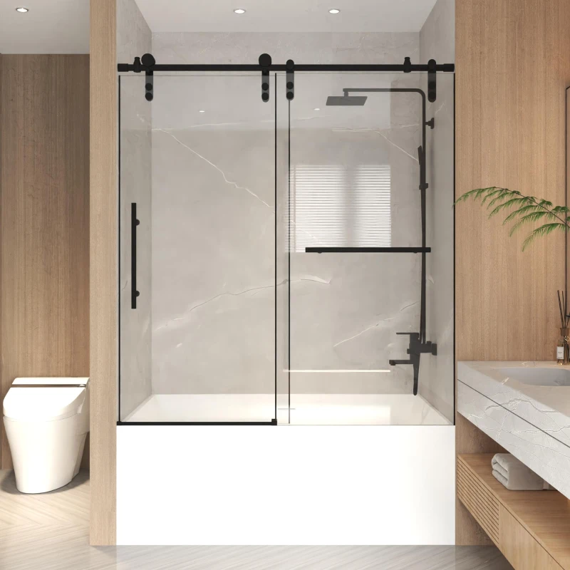 Sliding Bathtub Door with Waterproof Seals and Tempered Glass, Bathroom Door with Towel Bar Handle, 60" L x 0.5" W x 66" H, Matte Black