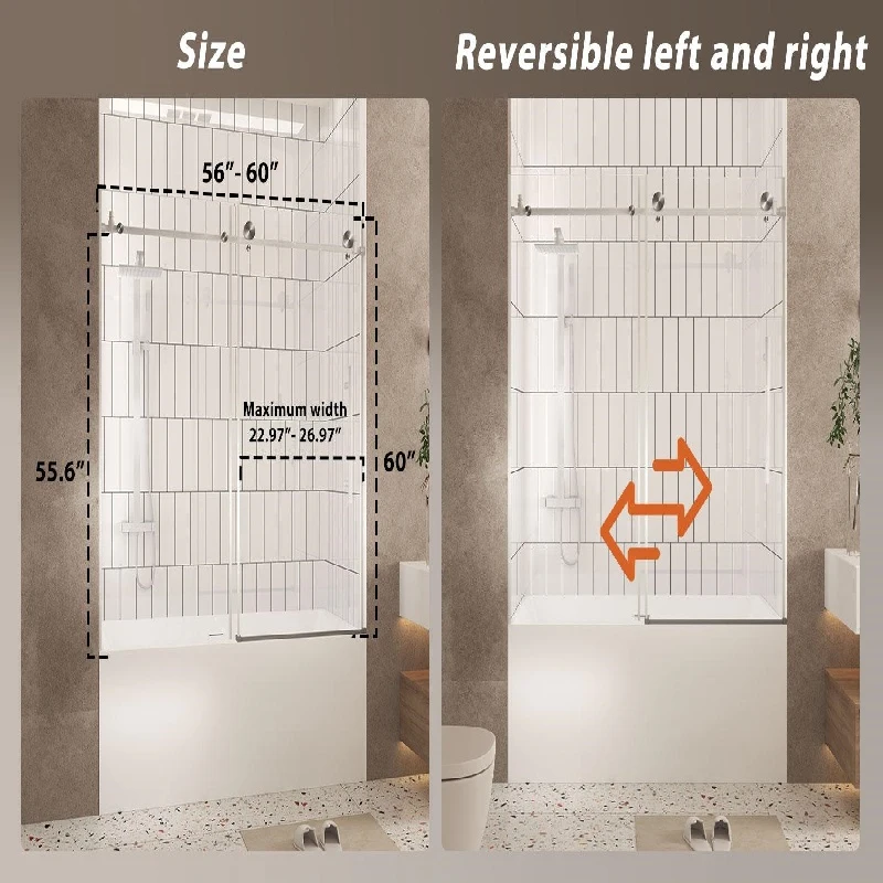 Frameless Sliding Shower Door with Smooth Quiet Stainless Steel Rollers & Round Tracks, Panel for Bathroom, 60" L x 0.5" W x 60" H, Brushed Nickel