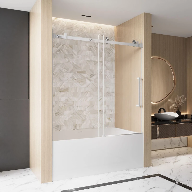 Frameless Shower Door with Anti-Shatter Safety Film and Bottom Water-Blocking Strip, Panel for Bathroom, 60" L x 0.5" W x 60" H, Brushed Nickel