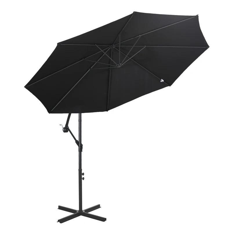 Outsunny 9.7ft Offset Patio UmbrellaCantilever Parasol with Crank Handle, 8 Ribs and Cross Base for Outdoor, Sun Shade, Black