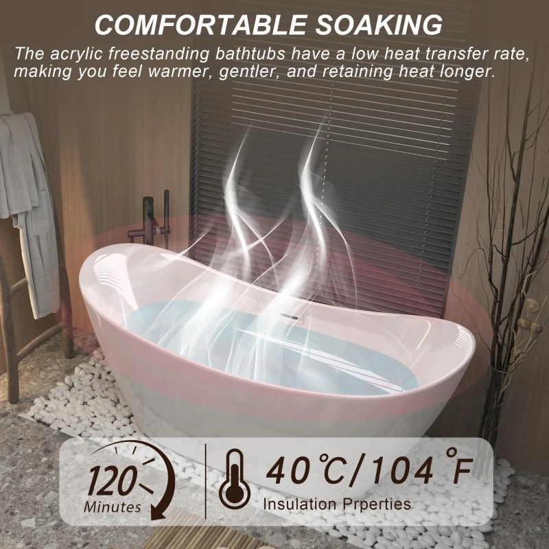 59" Freestanding Acrylic Tub with Adjustable Leveling Feet, Bathtub with Pop‑Up Drain & Chrome Overflow, 59" L x 29.5" W x 26" H, Gloss White