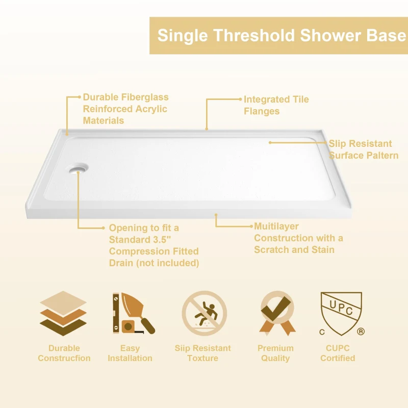 32" x 60" Acrylic Shower Base with Rigid No-Flex Construction, 3-Wall Alcove Shower Pan with Left Drain, 60" L x 32" W x 3" H, Gloss White