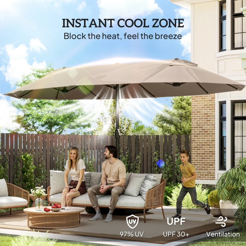 Outsunny 15' Outdoor Patio Umbrella with Twin Canopy Sunshade Steel Table Umbrella w/ Lift Crank, Cross base, Sandbag, Brown