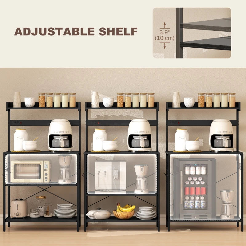 HOMCOM Kitchen Baker's Rack with Power Outlet, Coffee Bar Station with Adjustable Shelves and Hooks, Distressed Black