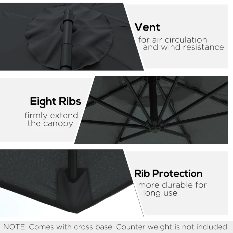 Outsunny 9.7ft Offset Patio UmbrellaCantilever Parasol with Crank Handle, 8 Ribs and Cross Base for Outdoor, Sun Shade, Black