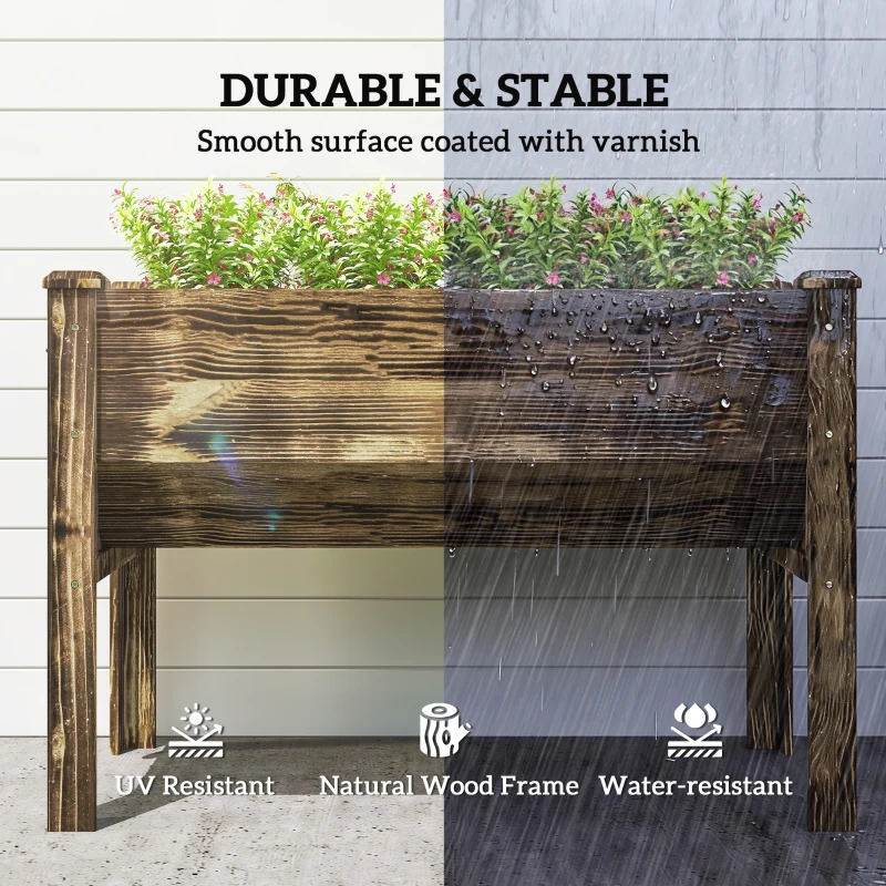Outsunny Wooden Raised Garden Plant Stand Outdoor Tall Flower Bed Box with Hooks, 48" x 24" x 32", Carbonized