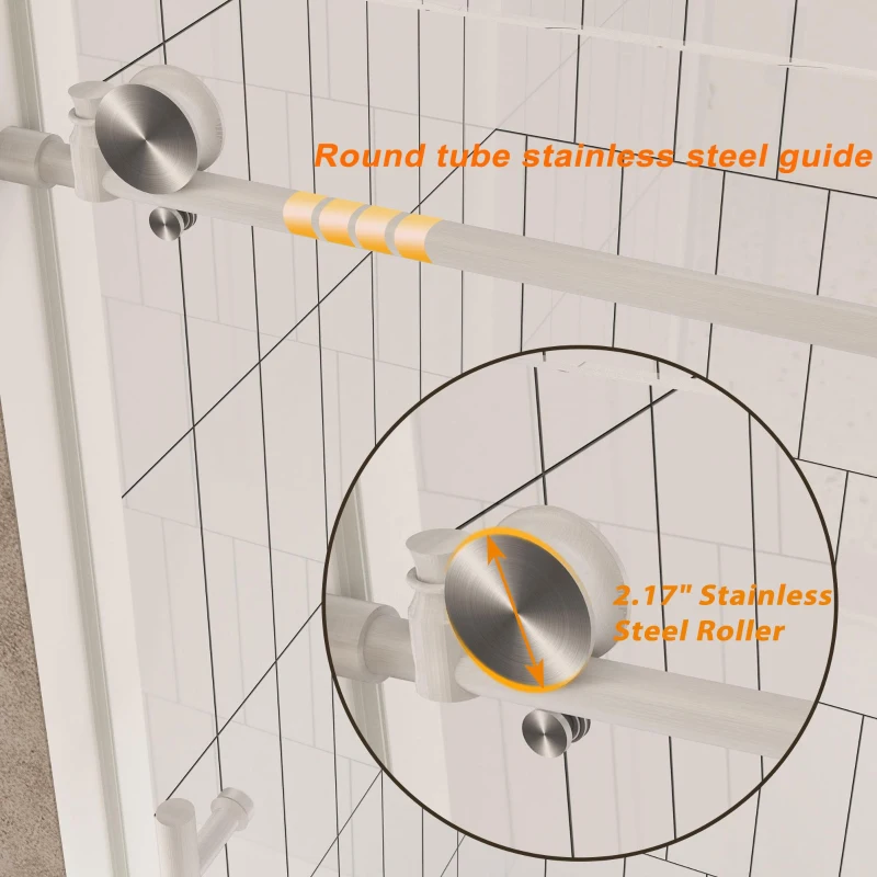 Frameless Sliding Shower Door with Smooth Quiet Stainless Steel Rollers & Round Tracks, Panel for Bathroom, 60" L x 0.5" W x 60" H, Brushed Nickel