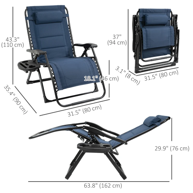 Outsunny Zero Gravity Lounger Chair, Padded Folding Reclining Patio Chair with Cup Holder, Detachable Headrest, Extra Wide Seat, 400 LBS Capacity for Pool, Camping, Blue