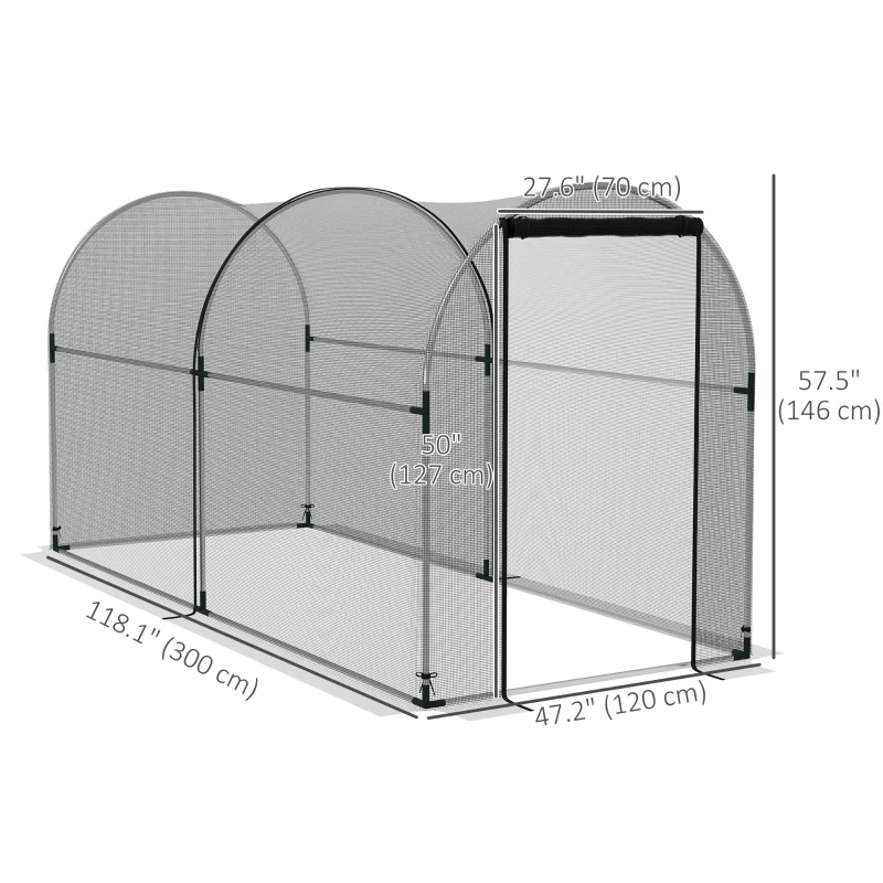Outsunny 9.8' x 3.9' Crop Cage with Zipper Roll-Up Door, Mesh Plant Protection Tent from Animals with Galvanised Steel Frame