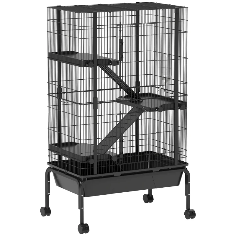 PawHut 47"H Ferret Cage, Large 4-Tier Guinea Pig Cage with Wheels, Ramps, Bowl, Water Bottle & Removable Tray, Black