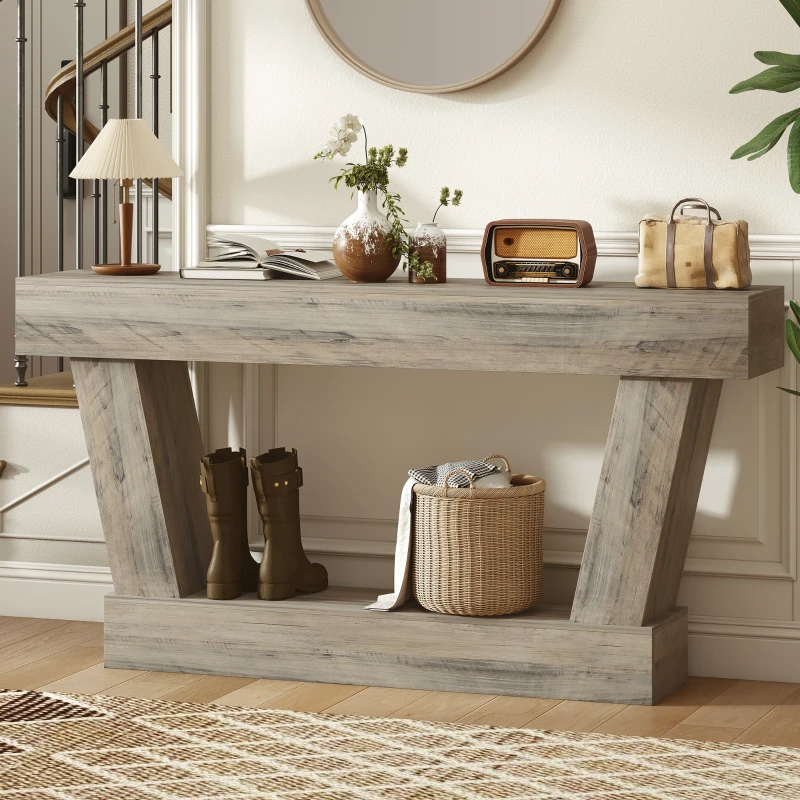 HOMCOM 63 Inch Vintage Console Table, Narrow Entryway Table with Open Shelf for Living Room, Light Brown