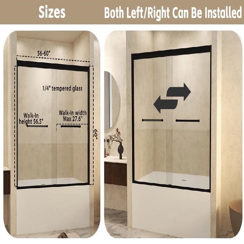 Double Sliding Shower Door with Explosion-Proof Safety Film and Stainless Steel Long Handle, Panel for Bathroom, 60" L x 0.5" W x 60" H, Matt Black